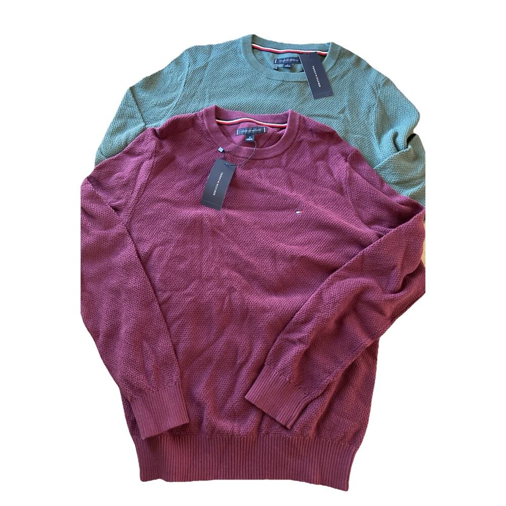 Tommy Hilfiger Textured Sweaters Sz M Set Of‎ 2 New Green Burgundy Cotton Preppy